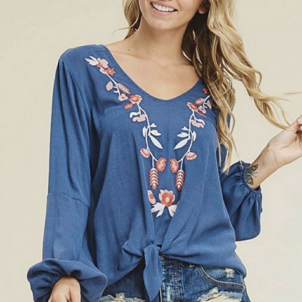 NEW Boho Embroidered Floral Front-Tie Blouse